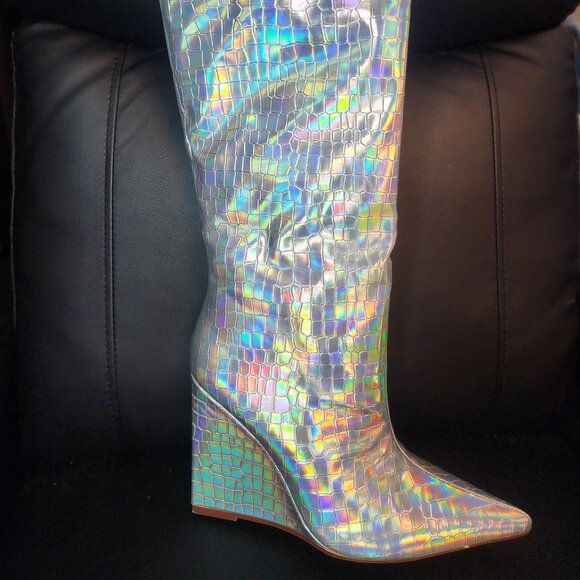 Iridescent Silver Knee High Textured High Heel Boots - Picture 6 of 8